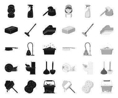 Temizlik ve hizmetçi black.mono simgeleri tasarım için set koleksiyonunda. Vektör sembolü stok web illüstrasyon temizleme için ekipman.