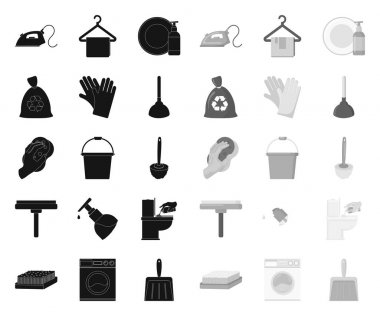 Temizlik ve hizmetçi black.mono simgeleri tasarım için set koleksiyonunda. Vektör sembolü stok web illüstrasyon temizleme için ekipman.