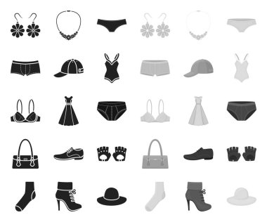 Giysi ve aksesuarlar tasarım için set koleksiyonunda black.mono simgeleri. Ayakkabı ve dekorasyon vektör sembolü stok web illüstrasyon.