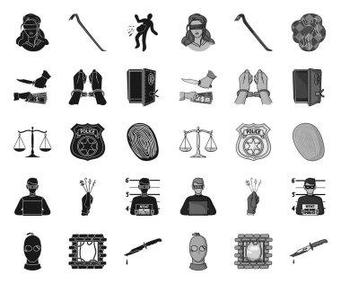 Suç ve Ceza siyah.mono simgeler tasarım için set koleksiyonunda. Ceza vektör sembolü stok web illüstrasyon.