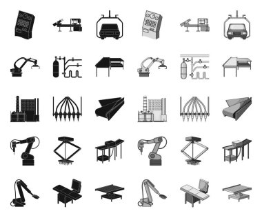 Tasarım için set koleksiyonunda ekipman ve makine black.mono simgeleri. Fabrika vektör sembolü stok web illüstrasyon teknik ilerleme.