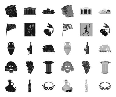 Ülke Yunanistan siyah. mono simgeleri set koleksiyonunda tasarım. Yunanistan ve Simgesel Yapı vektör sembol stok Web illüstrasyon.