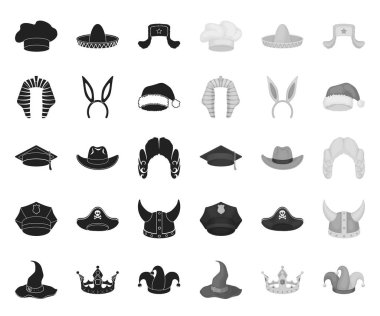 Şapka farklı türde siyah. mono simgeleri set koleksiyonunda tasarım için. Headdress vektör sembol stok Web illüstrasyon.