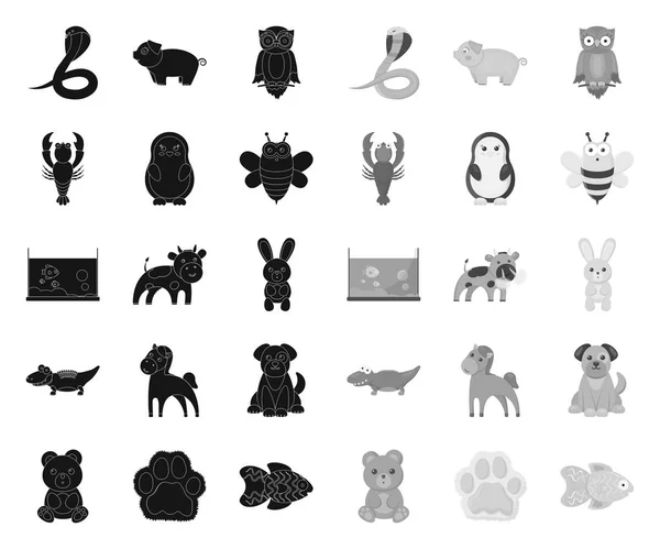 Tasarım için set koleksiyonunda gerçekçi olmayan bir black.mono hayvan simgeleri. Oyuncak hayvanlar vektör sembolü stok web illüstrasyon. — Stok Vektör