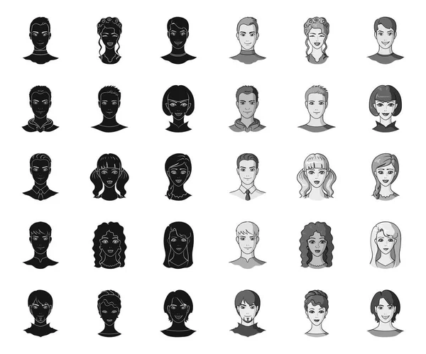 Icone avatar e face black.mono nella collezione set per il design. A persone aspetto vettoriale simbolo stock web illustrazione . — Vettoriale Stock