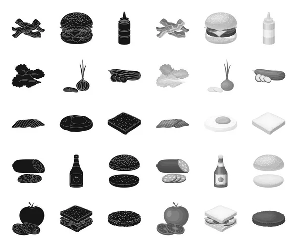 Burger ve malzemeler black.mono simgeleri tasarım için set koleksiyonunda. Burger pişirme vektör sembolü stok web illüstrasyon. — Stok Vektör