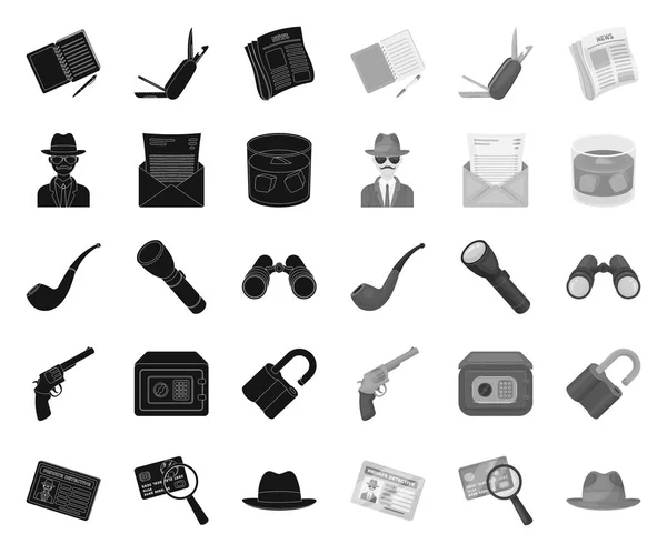 Detective en attributen Black. mono-pictogrammen in set-collectie voorontwerp. Detective Agentschap vector symbool voorraad Web illustratie. — Stockvector