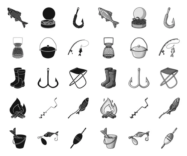 Pesca y descanso black.mono iconos en la colección de conjuntos para el diseño. Tackle para la ilustración de la tela del símbolo del vector de pesca . — Vector de stock