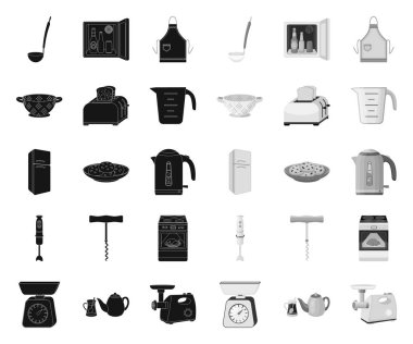 Mutfak ekipmanları siyah. mono simgeleri set koleksiyonunda tasarım için. Mutfak ve aksesuarlar vektör sembol stok Web illüstrasyon.