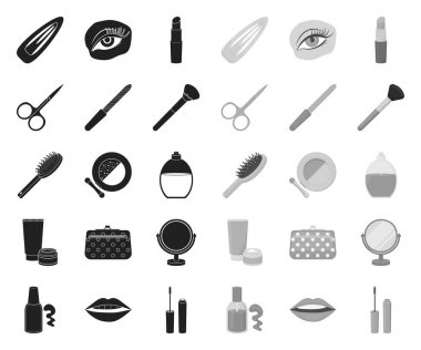 Makyaj ve kozmetik siyah. mono simgeleri set koleksiyonunda tasarım için. Makyaj ve ekipman vektör sembol stok Web illüstrasyon.