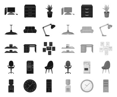İç işyeri siyah. mono simgeleri set koleksiyonunda tasarım için. Ofis mobilya vektör sembol stok Web illüstrasyon.