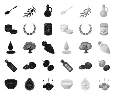 Olive, siyah yemek. tasarım için set koleksiyonunda mono simgeler. Zeytin yağı, baharat vektör sembol stok Web illüstrasyon.