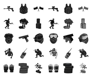 Paintball, takım oyunu siyah. mono simgeler tasarım için set koleksiyonunda. Ekipman ve kıyafet vektör sembol stok Web illüstrasyon.