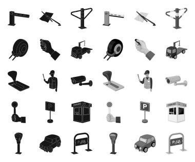 Araçlar için Park siyah. mono simgeleri set koleksiyonunda tasarım için. Ekipman ve hizmet vektör sembol stok Web illüstrasyon.