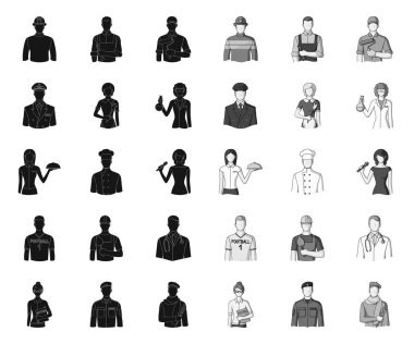 Farklı mesleklerin insanlar siyah. mono simgeleri set koleksiyonunda tasarım için. İşçi ve uzman vektör sembol stok Web illüstrasyon.