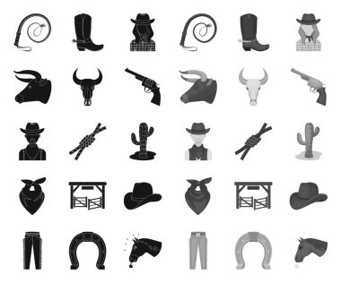 Rodeo, rekabet siyah. mono simgeler set koleksiyonunda tasarım için. Kovboy ve ekipman vektör sembol stok Web illüstrasyon.