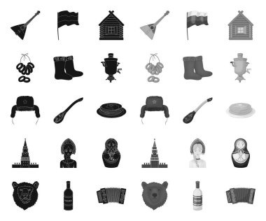 Ülke Rusya, seyahat siyah. mono simgeler set koleksiyonunda tasarım. Cazibe ve Özellikler vektör sembol stok Web illüstrasyon.