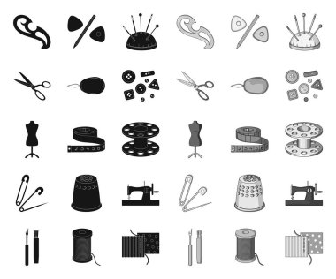 Dikiş, atölye siyah. mono simgeler set koleksiyonunda tasarım için. Araç kiti vektör sembol stok Web illüstrasyon.