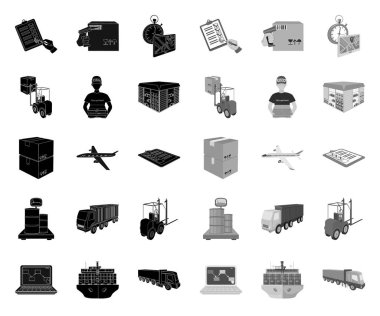 Lojistik ve teslimat siyah. mono simgeler set koleksiyonunda tasarım için. Taşıma ve ekipman izometrik vektör sembol stok Web illüstrasyon.