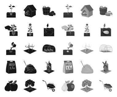 Çiftlik ve tarım siyah. mono simgeleri set koleksiyonunda tasarım için. Bahçe ve bitkiler izometrik vektör sembol stok Web illüstrasyon.