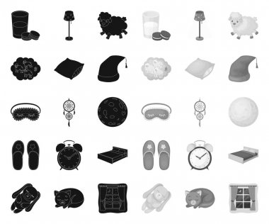 Dinlenme ve uyku siyah. mono simgeleri set koleksiyonunda tasarım için. Aksesuarlar ve konfor vektör sembol stok Web illüstrasyon.