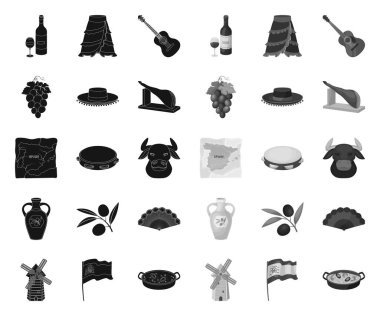 İspanya ülke siyah. mono simgeler tasarım için set koleksiyonunda. Seyahat ve cazibe vektör sembol stok Web illüstrasyon.