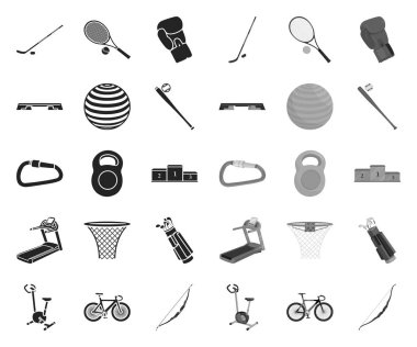 Farklı tür spor siyah. mono simgeleri set koleksiyonunda tasarım. Spor ekipmanları vektör sembol stok Web illüstrasyon.