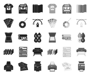 Tipografi ürünleri siyah. mono simgeler set koleksiyonunda tasarım. Baskı ve ekipman vektör sembol stok Web illüstrasyon.