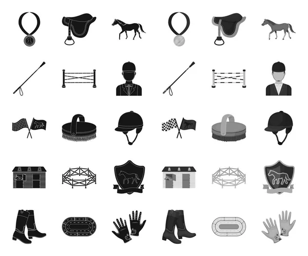 Hippodrom und Pferd black.mono Symbole in Set-Kollektion für Design. Pferderennen und Ausrüstung Vektor Symbol Stock Web Illustration. — Stockvektor