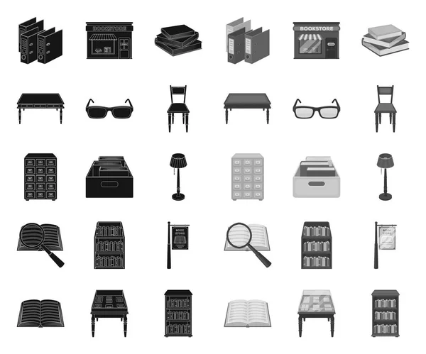 Bibliotheek en boekhandel Black. mono iconen in set Collection voor design. Boeken en meubels vector symbool voorraad Web illustratie. — Stockvector