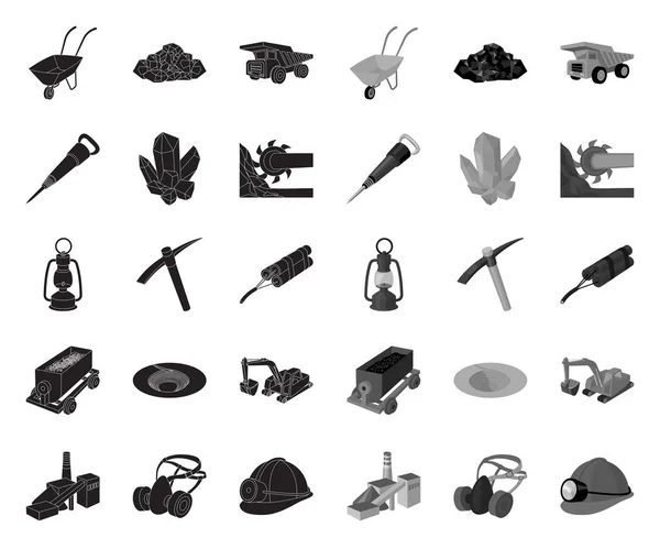 Η εξορυκτική βιομηχανία μαύρο. μονοφωνικά εικονίδια στη συλλογή Set για σχεδίαση. Εξοπλισμός και εργαλεία διανυσματική εικόνα Ιστού απόθεμα σύμβολο. — Διανυσματικό Αρχείο