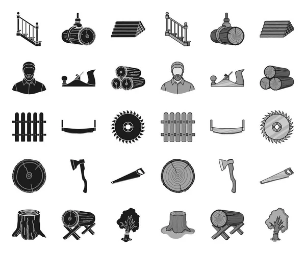 Zaagmolen en hout zwart. mono iconen in set Collection voor design. Hardware en gereedschappen vector symbool voorraad Web illustratie. — Stockvector