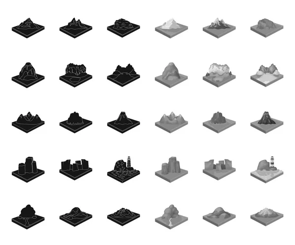 Гори, масивні чорні. Моно піктограми в наборі для дизайну. Поверхня Землі Векторні ізометричні символи Стокова веб-ілюстрація . — стоковий вектор