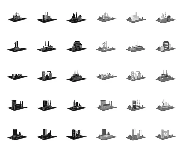 Icônes d'usine et de plante black.mono dans la collection de jeu pour le design. Illustration Web de stock de symbole isométrique de vecteur de production et d'entreprise . — Image vectorielle