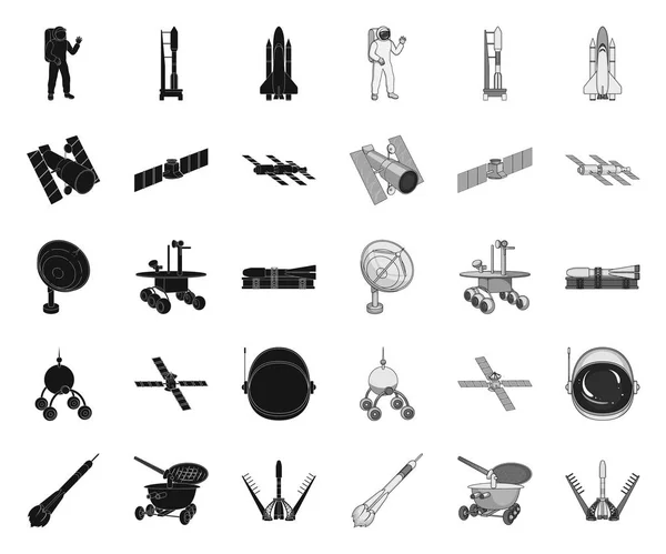 Ruimtetechnologie Black. mono iconen in set Collection voor design. Ruimtevaartuigen en apparatuur vector symbool voorraad Web illustratie. — Stockvector