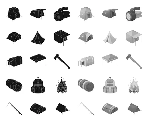 Diversi tipi di tende icone black.mono nella collezione set per il design. Rifugio temporaneo e alloggiamento simbolo vettore stock web illustrazione . — Vettoriale Stock