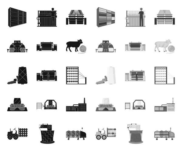 Textilní průmysl černý. ikony mono v kolekci set pro návrh. Textilní zařízení a tkaniny vektorové symboly na webu ilustrace. — Stockový vektor