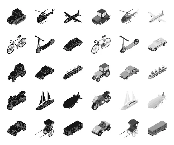Verschillende soorten transport Black. mono iconen in set Collection voor design. Auto en schip Isometrische Vector symbool voorraad Web illustratie. — Stockvector