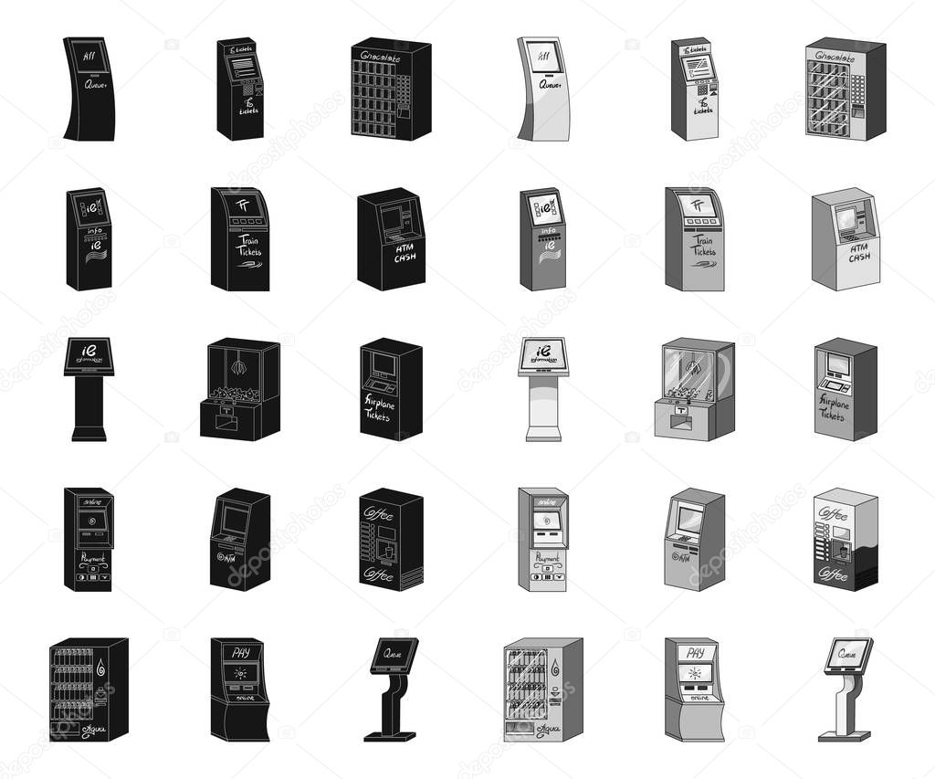Variety of terminals black.mono icons in set collection for design. ATM and trading device vector symbol stock web illustration.
