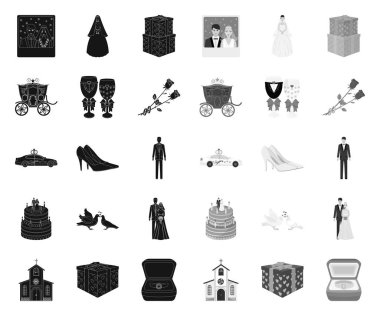 Düğün ve nitelikleri siyah. mono simgeler tasarım için set koleksiyonunda. Newlyweds ve aksesuarlar vektör sembol stok Web illüstrasyon.