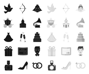 Düğün ve nitelikleri siyah. mono simgeler tasarım için set koleksiyonunda. Newlyweds ve aksesuarlar vektör sembol stok Web illüstrasyon.