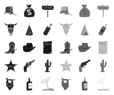 Özellikleri Wild West Black. mono simgeleri set koleksiyonu tasarım için. Texas ve Amerika vektör sembol stok Web illüstrasyon.