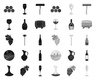 Şarap ürünleri siyah. mono simgeleri set koleksiyonunda tasarım için. Ekipman ve şarap vektör sembol stok Web illüstrasyon üretimi.
