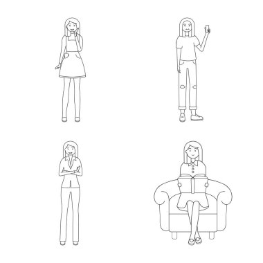 Duruş ve ruh hali simge vektör tasarımı. Duruş ve hisse senedi için kadın vektör ikon koleksiyonu.