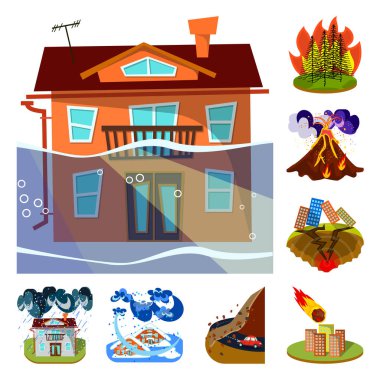 Tufan ve felaket simge vektör tasarımı. Hisse senedi için tufan ve kıyamet vektör simge kümesi.