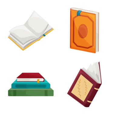 Kütüphane ve kitapçı sembolü vektör tasarımı. Kütüphane ve edebiyat stok vektör illüstrasyon seti.