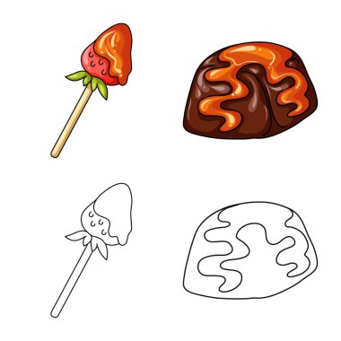 Şekerleme ve mutfak işareti vektör Illustration. Şekerlemeler ve hisse senedi için ürün vektör simge kümesi.