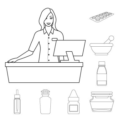 Eczane ve ilaç işareti vektör tasarımı. Web için eczane ve sağlık hisse senedi simgesi kümesi.