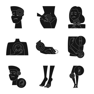 İlk ve yardım simge vektör çizimi. İlk ve hisse senedi için hastalık vektör simge kümesi.