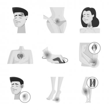 Acı ve yaralanma işareti illüstrasyon vektör. Web için acı ve zarar hisse senedi simgesi kümesi.